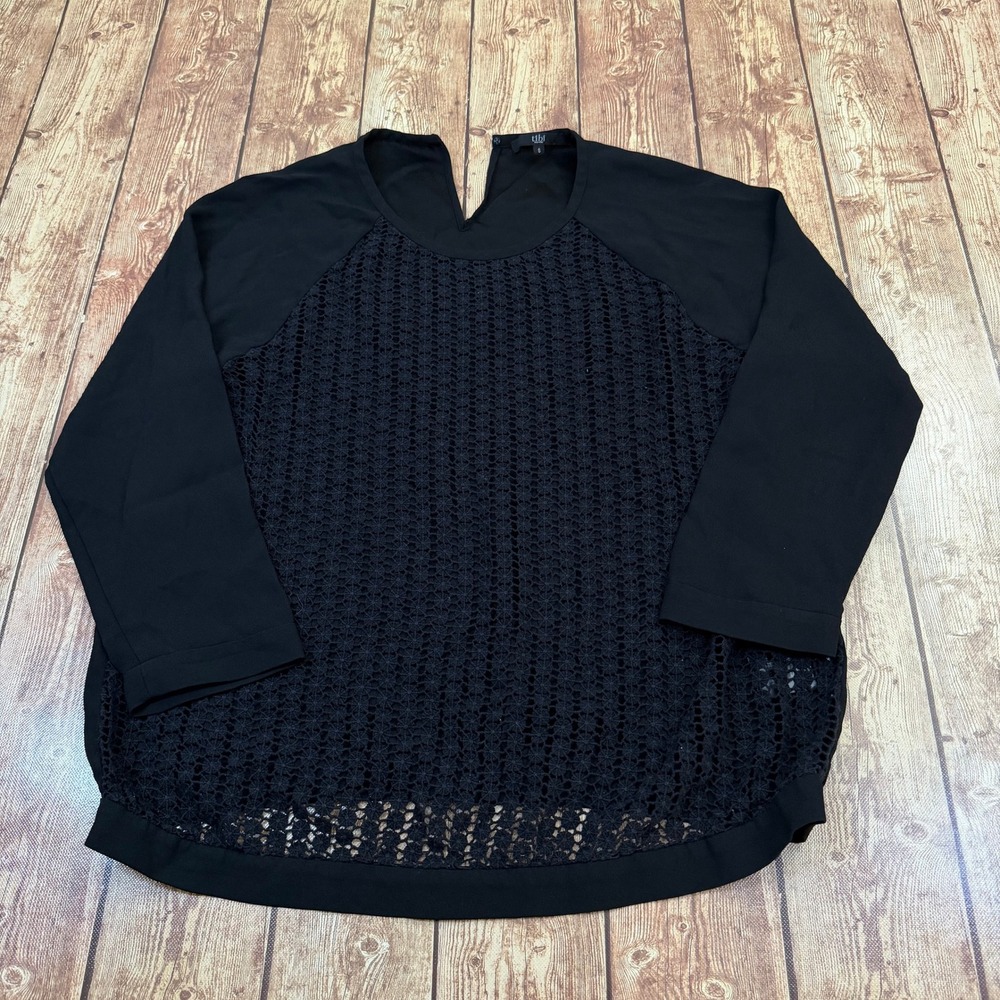 Tibi Crochet Front Blouse Womens Small Black Raglan Sleeve Top